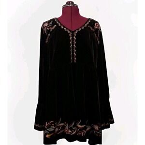 Embroidered Black Velvet Babydoll Tunic Fairy Boho Peasant Gothic Romantic‎  1x